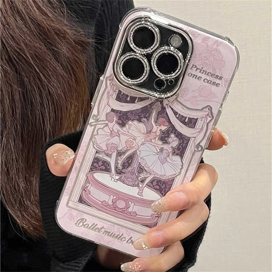 Korean INS Plating Cute Pink Theatre Ballet Girl Case For iPhone 15 14 13 12 Pro Max 11 Flash Silver Lens Protective Cover Funda